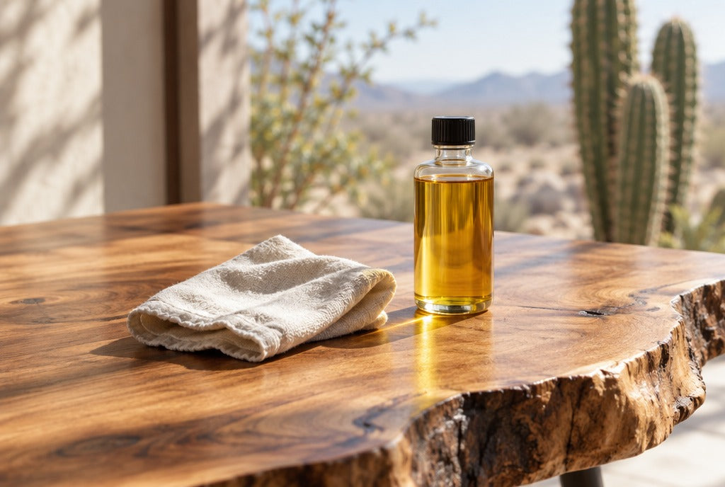 A cloth and a bottle of finishing oil on a live-edge solid wood tabletop in bright desert sunlight with a cactus in the background