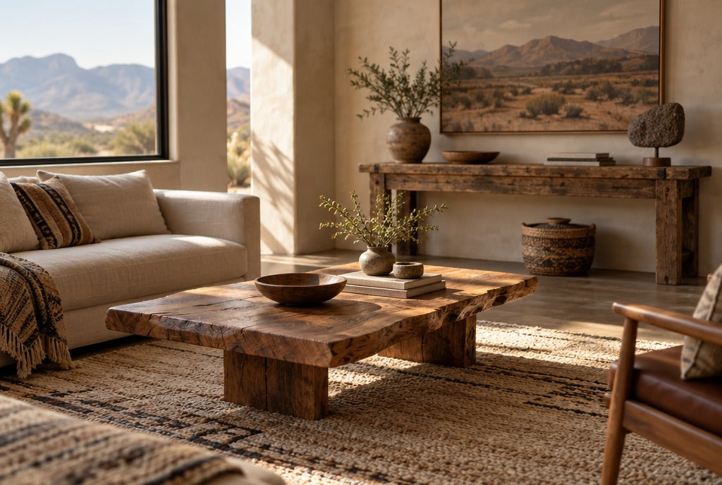 A calm high-desert living room with plaster walls, a live-edge solid wood coffee table, a rustic console and woven wool rugs, warm sunlight