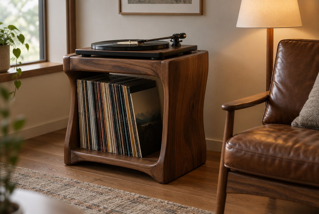 A sculpted solid wood record player stand with a turntable and vinyl records stored below, a leather chair and warm lamp light