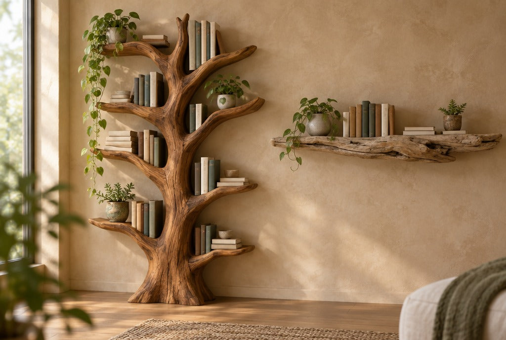 A sculpted solid wood tree bookshelf and a driftwood floating shelf with books and small plants on a warm plaster wall