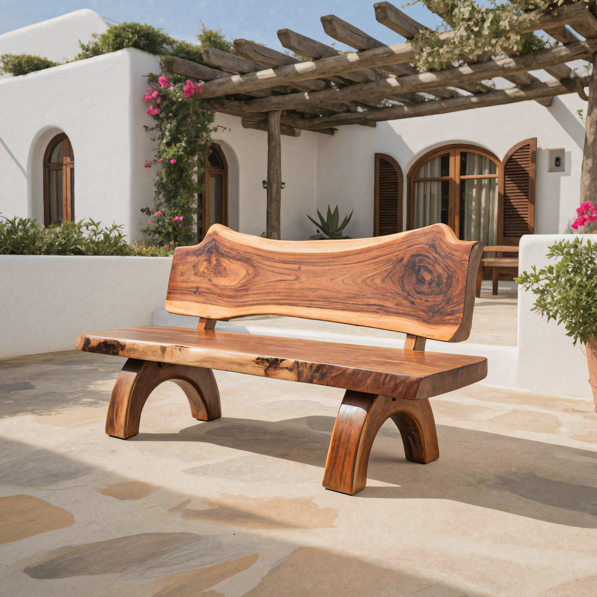 Rustic Live Edge Bench With Backrest For Patio Garden Courtyard