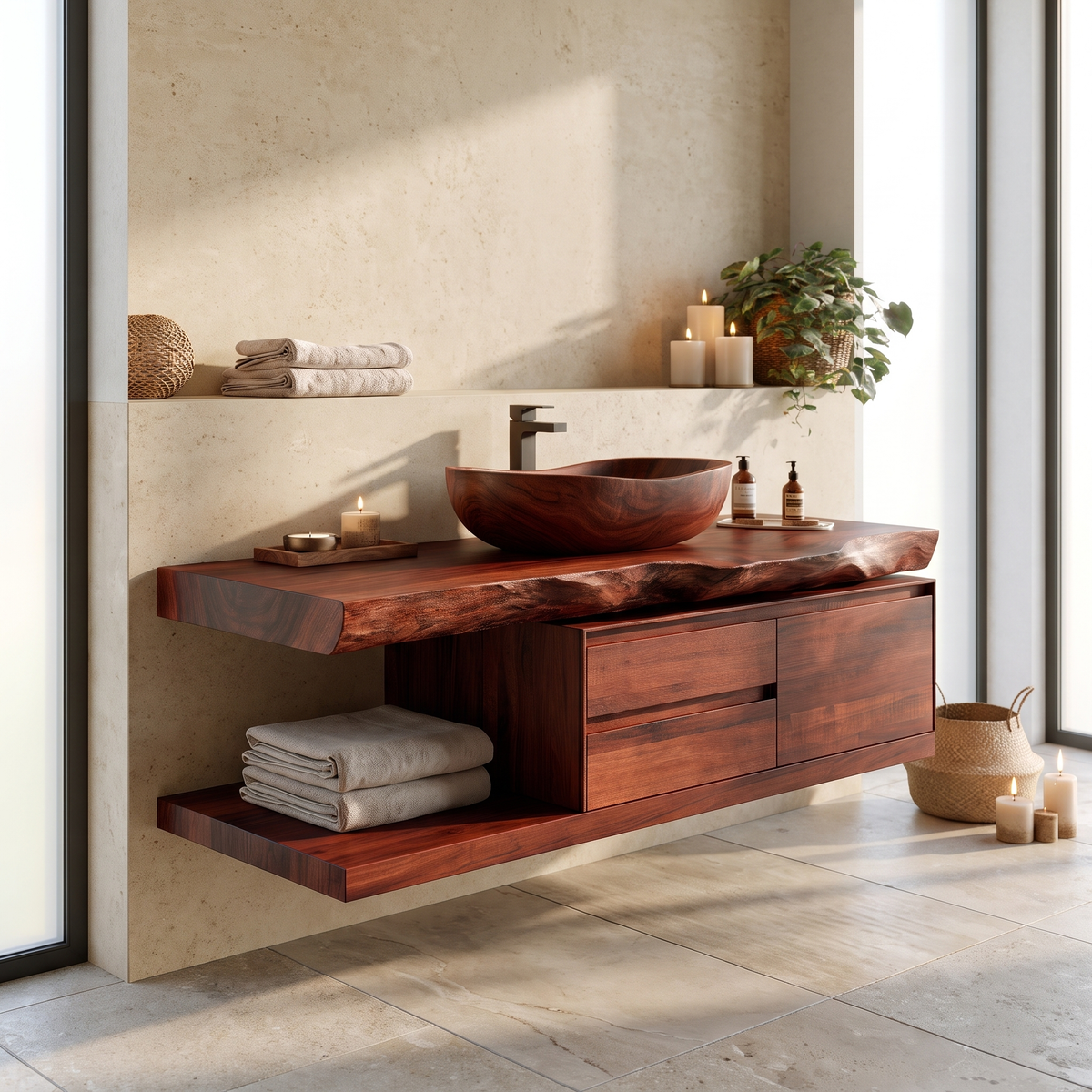 Vaelthorn Live Edge Solid Wood Floating Bathroom Vanity With Drawers