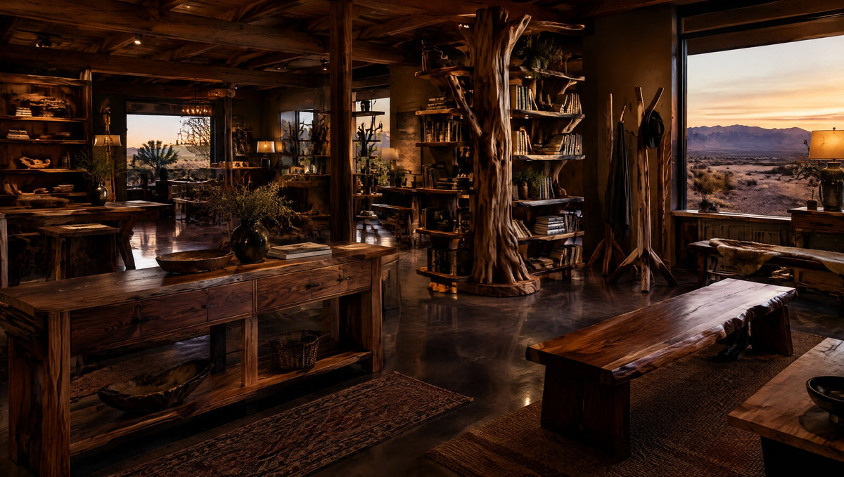 Inside a rustic roadside showroom with newly built solid wood furniture