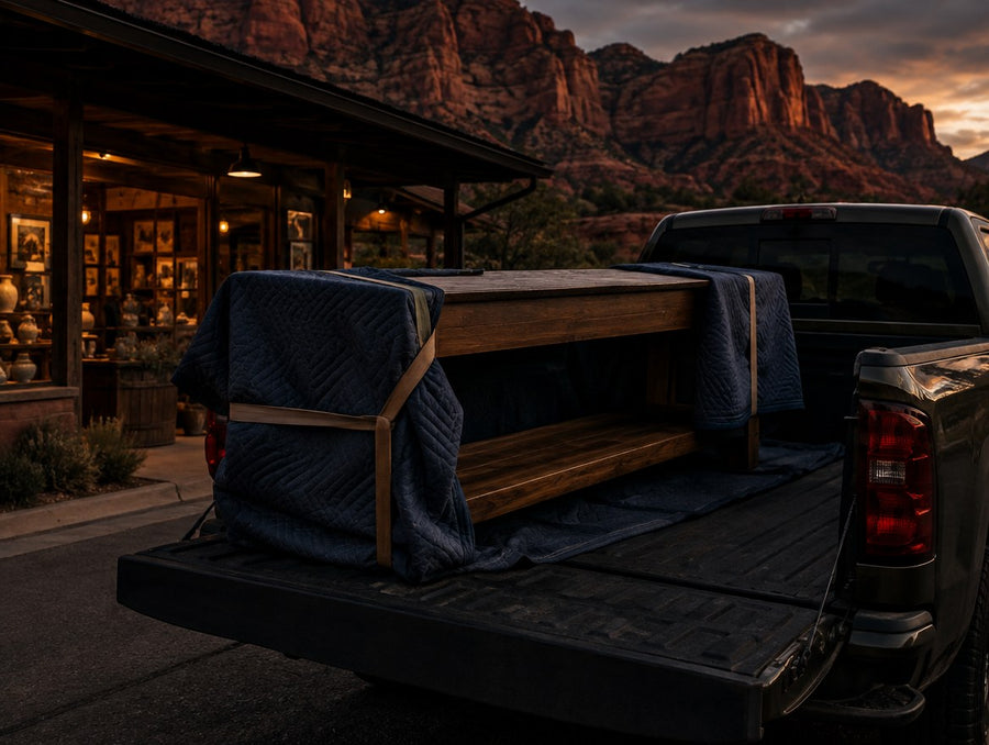 A blanket-wrapped solid wood console loaded into a pickup under red sandstone cliffs